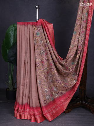Linen tussar partly saree pastel brown and pink with kalamkari prints and bandhani printed pallu