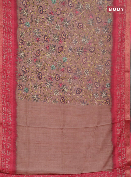 Linen tussar partly saree pastel brown and pink with kalamkari prints and bandhani printed pallu
