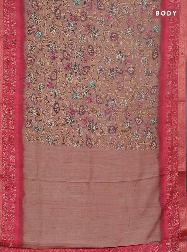 Linen tussar partly saree pastel brown and pink with kalamkari prints and bandhani printed pallu