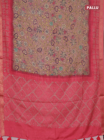 Linen tussar partly saree pastel brown and pink with kalamkari prints and bandhani printed pallu