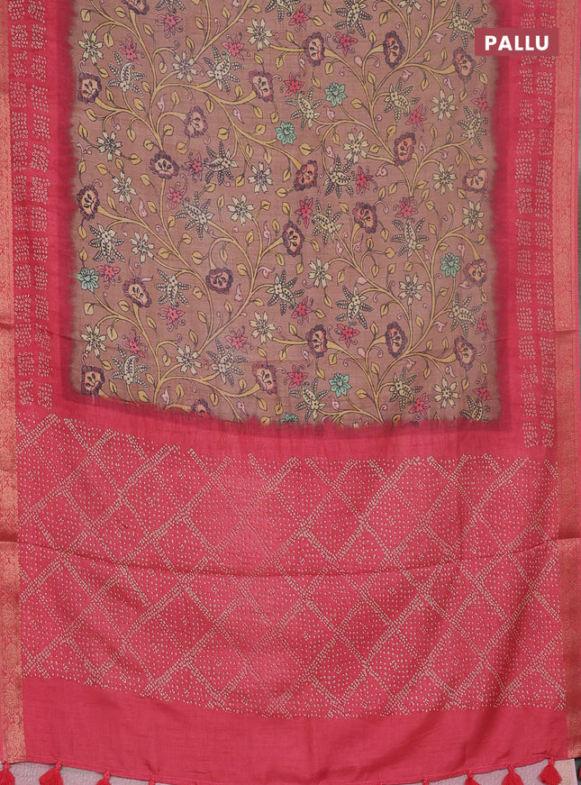 Linen tussar partly saree pastel brown and pink with kalamkari prints and bandhani printed pallu