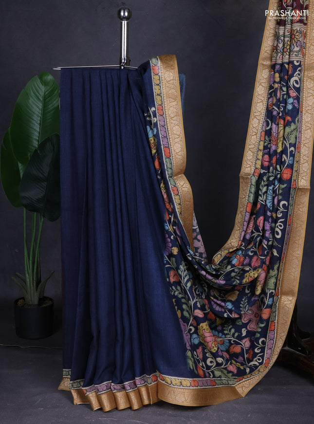 Linen tussar partly saree peacock blue and deep maroon with kalamkari prints and zari woven border