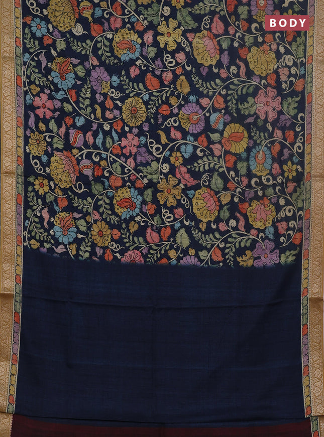 Linen tussar partly saree peacock blue and deep maroon with kalamkari prints and zari woven border