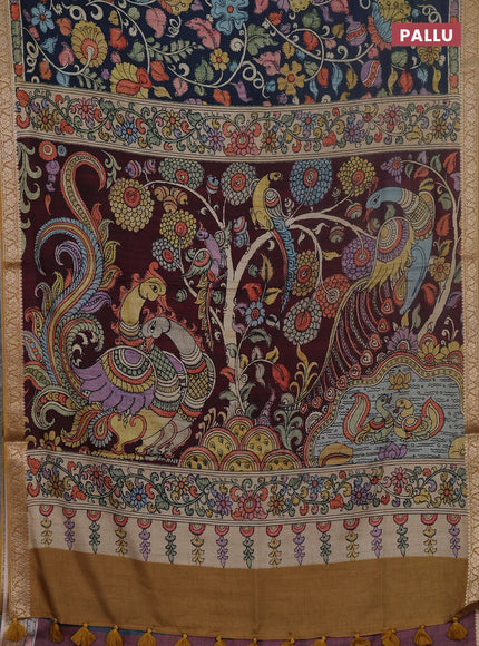 Linen tussar partly saree peacock blue and deep maroon with kalamkari prints and zari woven border