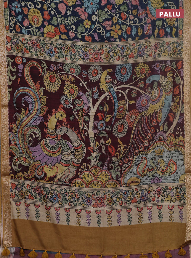 Linen tussar partly saree peacock blue and deep maroon with kalamkari prints and zari woven border
