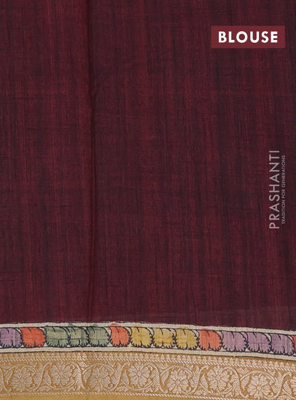 Linen tussar partly saree peacock blue and deep maroon with kalamkari prints and zari woven border