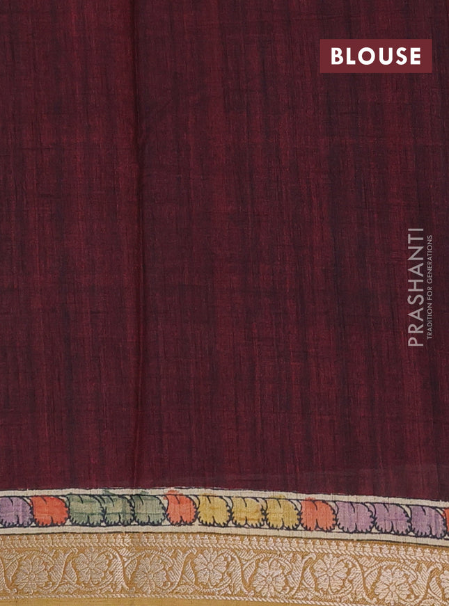 Linen tussar partly saree peacock blue and deep maroon with kalamkari prints and zari woven border