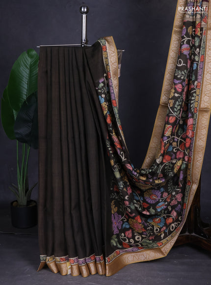 Linen tussar partly saree brown and deep maroon with kalamkari prints and zari woven border
