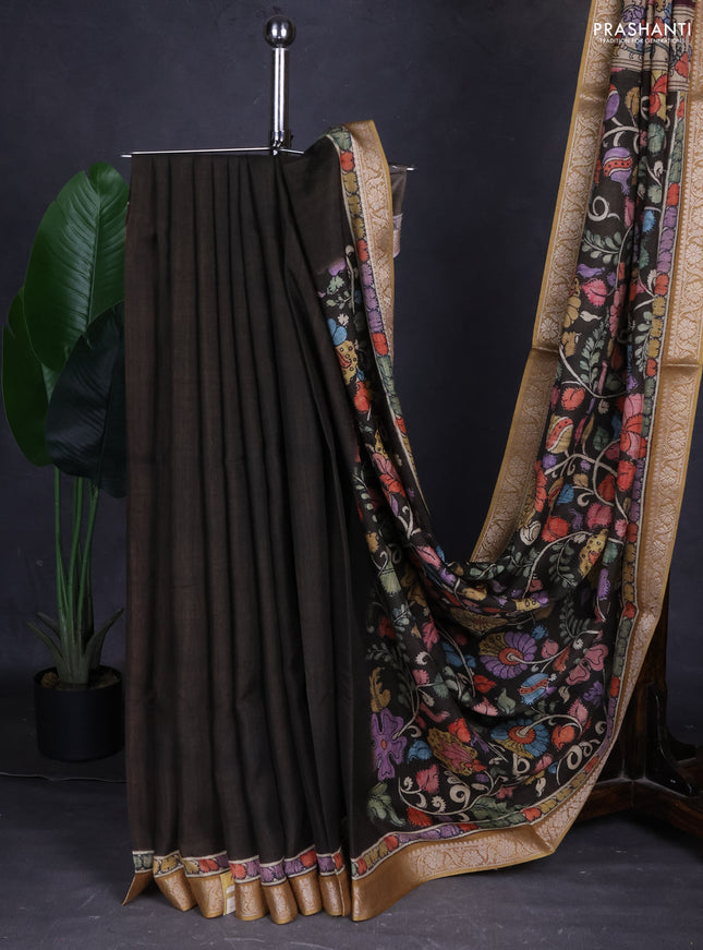 Linen tussar partly saree brown and deep maroon with kalamkari prints and zari woven border