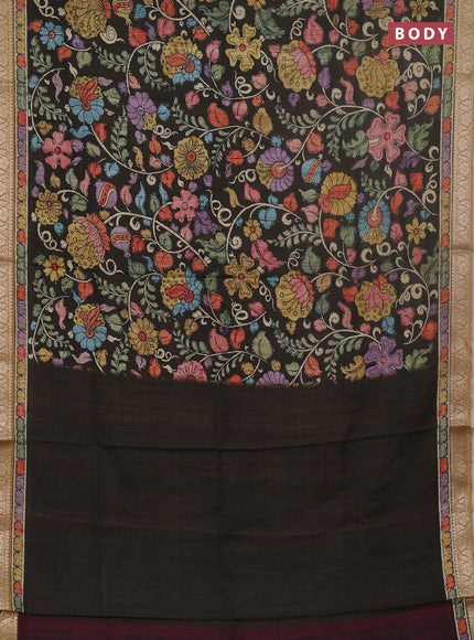 Linen tussar partly saree brown and deep maroon with kalamkari prints and zari woven border