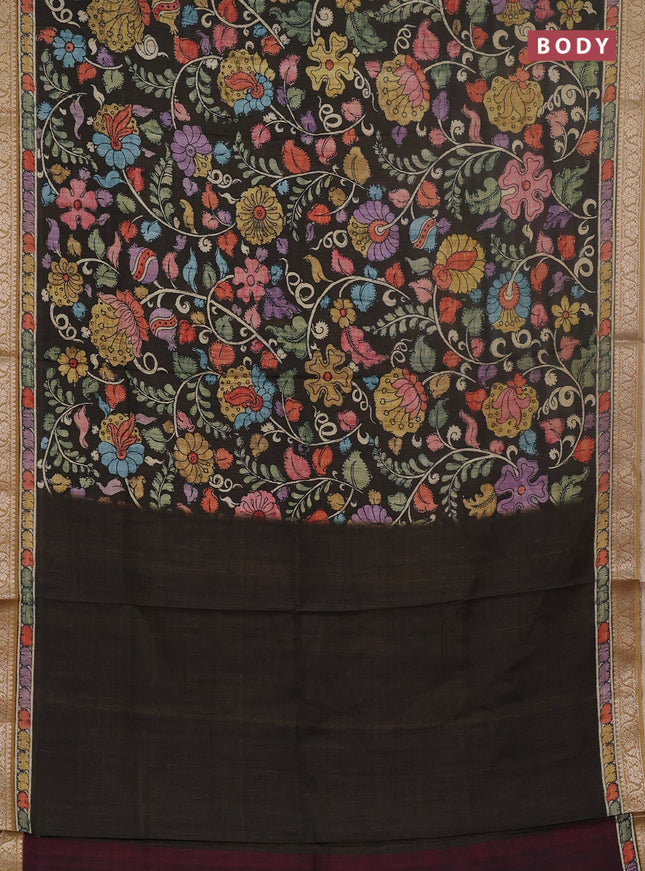 Linen tussar partly saree brown and deep maroon with kalamkari prints and zari woven border