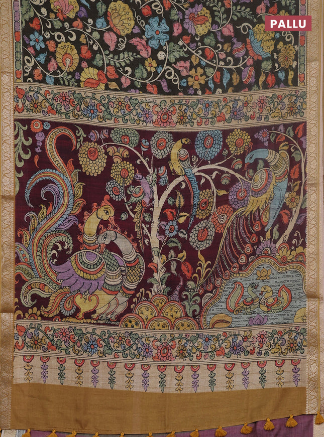 Linen tussar partly saree brown and deep maroon with kalamkari prints and zari woven border