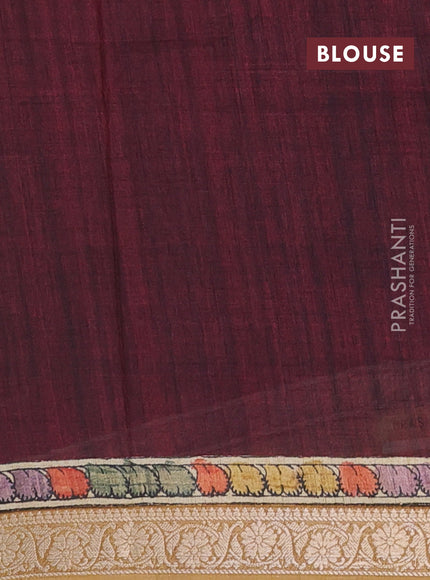 Linen tussar partly saree brown and deep maroon with kalamkari prints and zari woven border