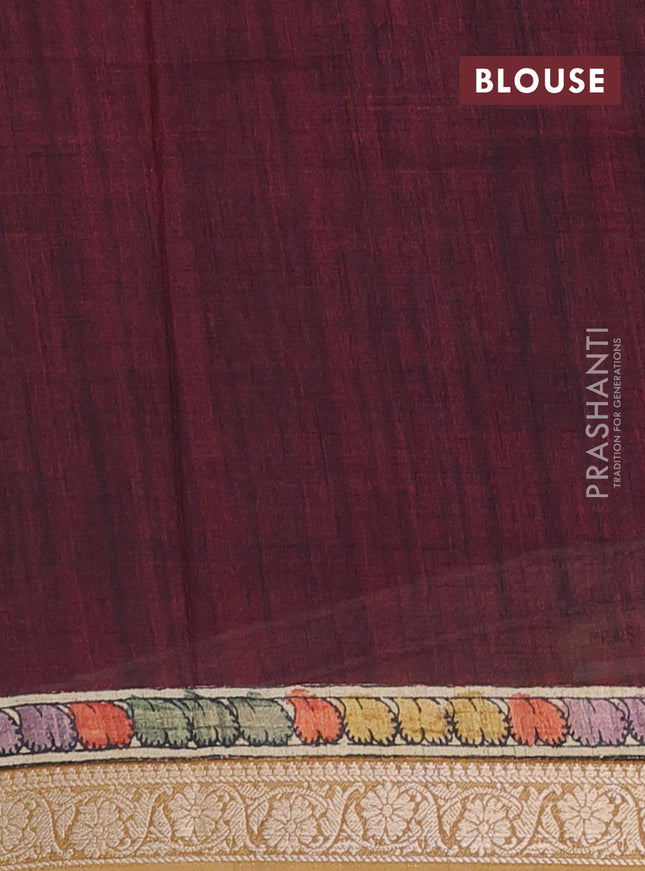 Linen tussar partly saree brown and deep maroon with kalamkari prints and zari woven border