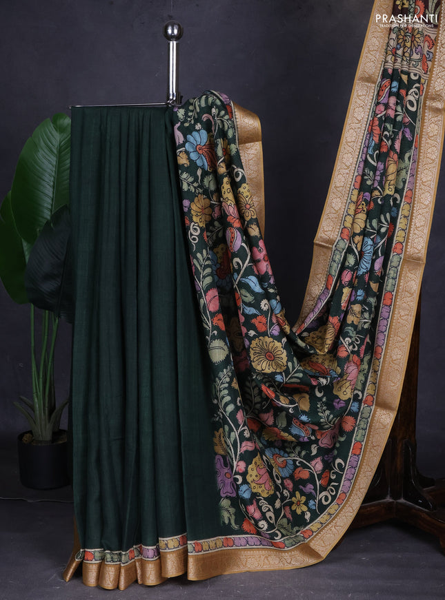 Linen tussar partly saree bottle green and brown with kalamkari prints and zari woven border