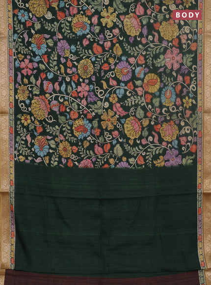 Linen tussar partly saree bottle green and brown with kalamkari prints and zari woven border