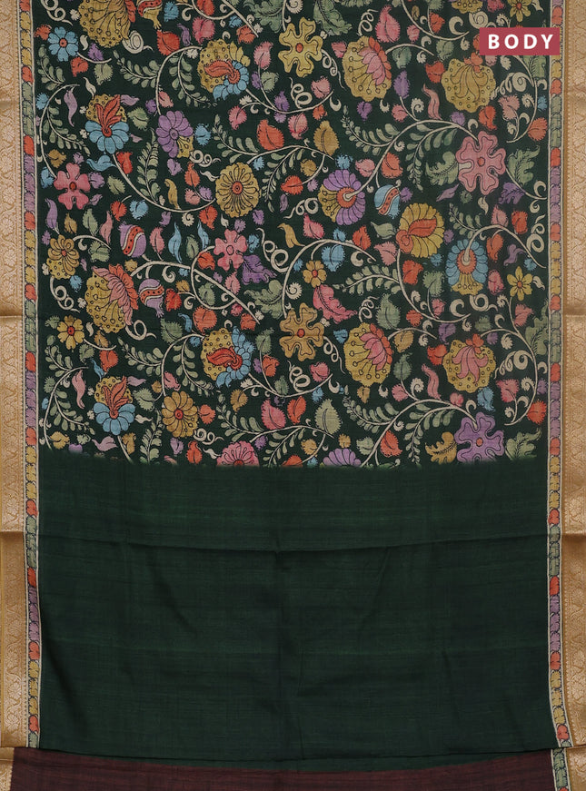 Linen tussar partly saree bottle green and brown with kalamkari prints and zari woven border
