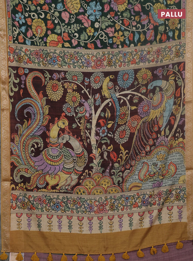 Linen tussar partly saree bottle green and brown with kalamkari prints and zari woven border