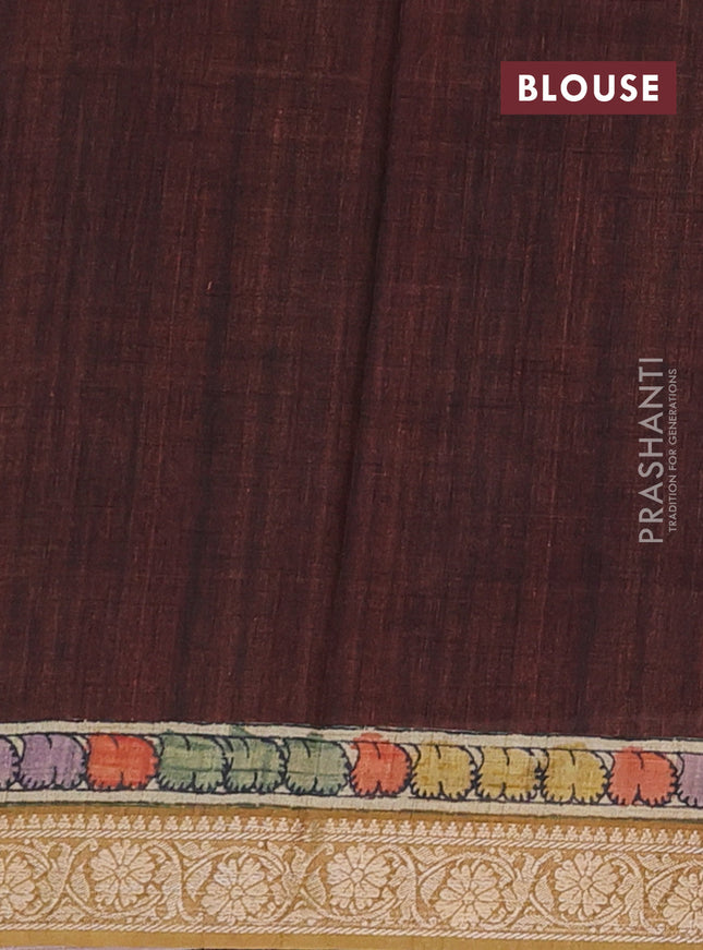 Linen tussar partly saree bottle green and brown with kalamkari prints and zari woven border