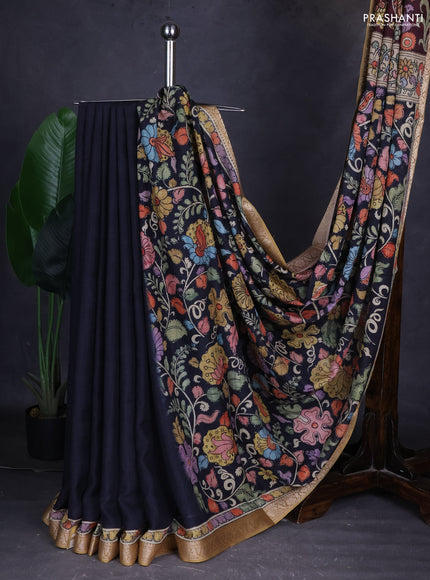 Linen tussar partly saree black and deep maroon with kalamkari prints and zari woven border