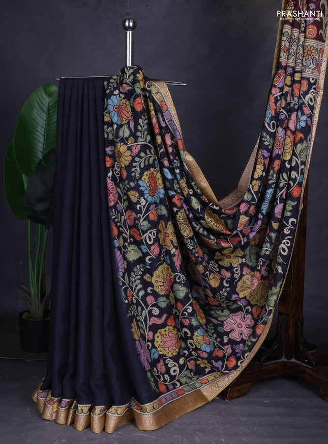 Linen tussar partly saree black and deep maroon with kalamkari prints and zari woven border