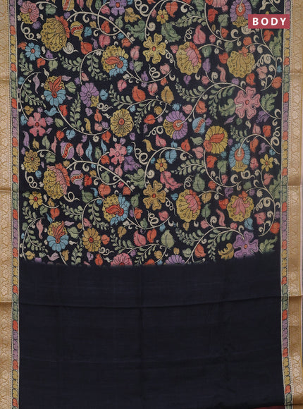 Linen tussar partly saree black and deep maroon with kalamkari prints and zari woven border