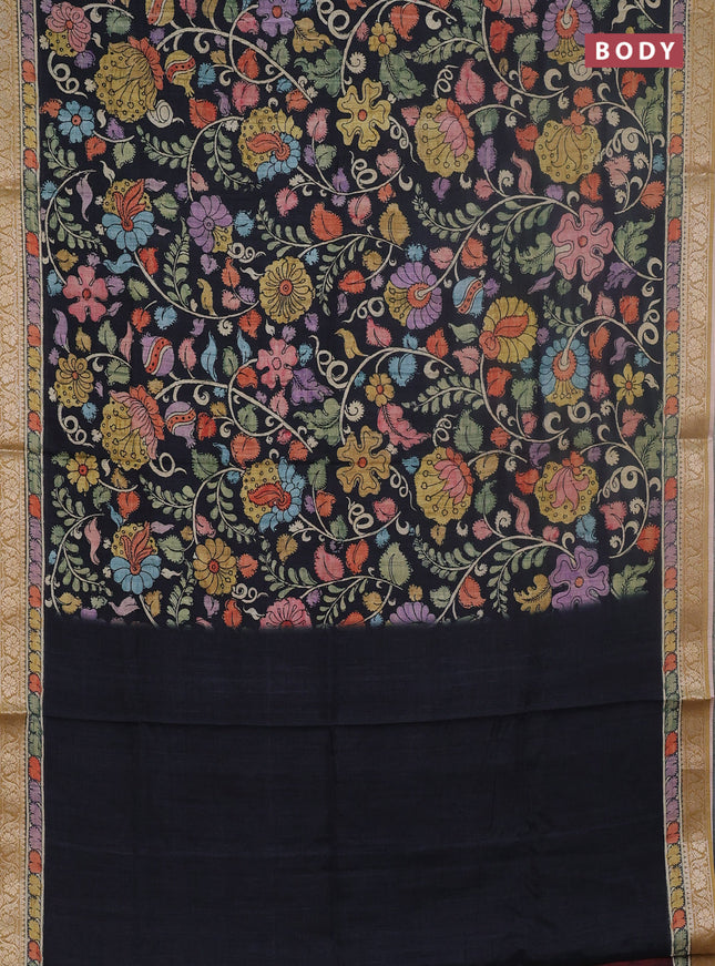 Linen tussar partly saree black and deep maroon with kalamkari prints and zari woven border