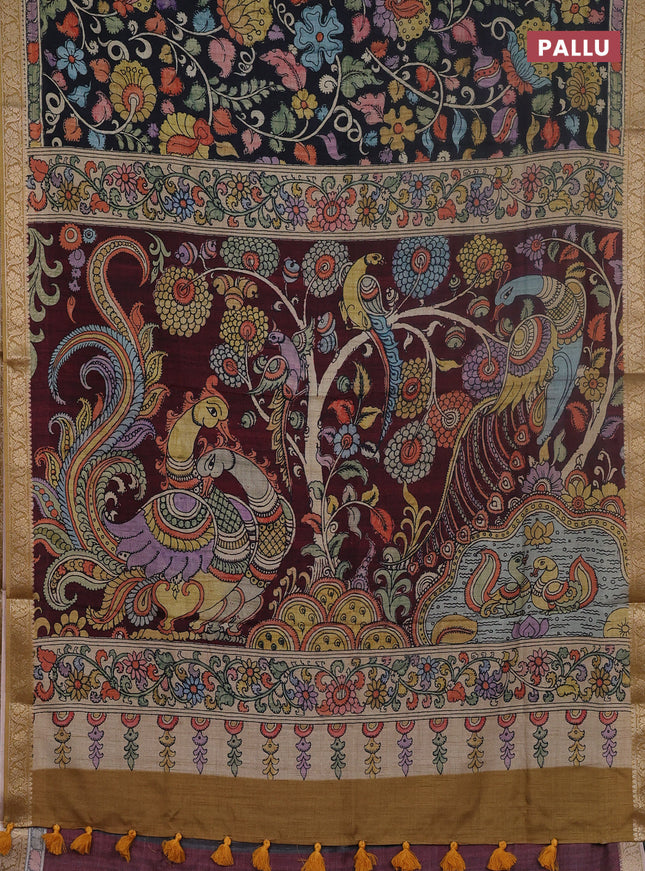 Linen tussar partly saree black and deep maroon with kalamkari prints and zari woven border