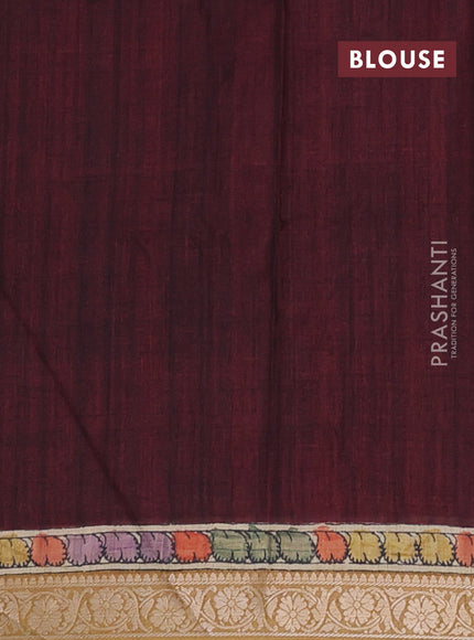 Linen tussar partly saree black and deep maroon with kalamkari prints and zari woven border