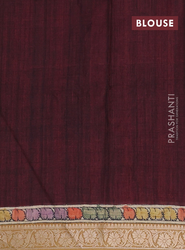 Linen tussar partly saree black and deep maroon with kalamkari prints and zari woven border