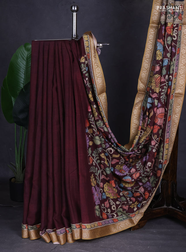 Linen tussar partly saree deep maroon and peacock blue with kalamkari prints and zari woven border