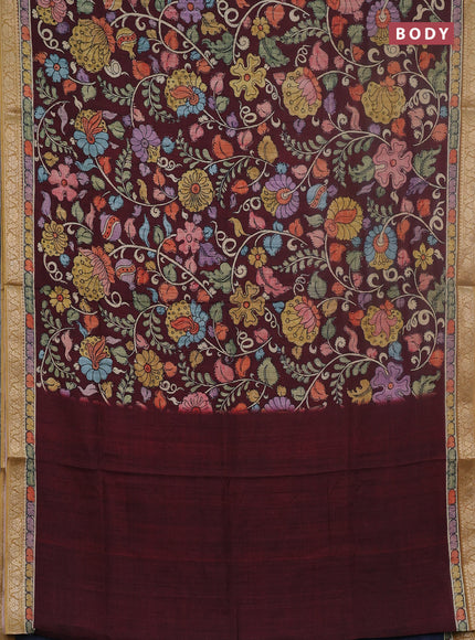 Linen tussar partly saree deep maroon and peacock blue with kalamkari prints and zari woven border