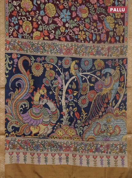 Linen tussar partly saree deep maroon and peacock blue with kalamkari prints and zari woven border