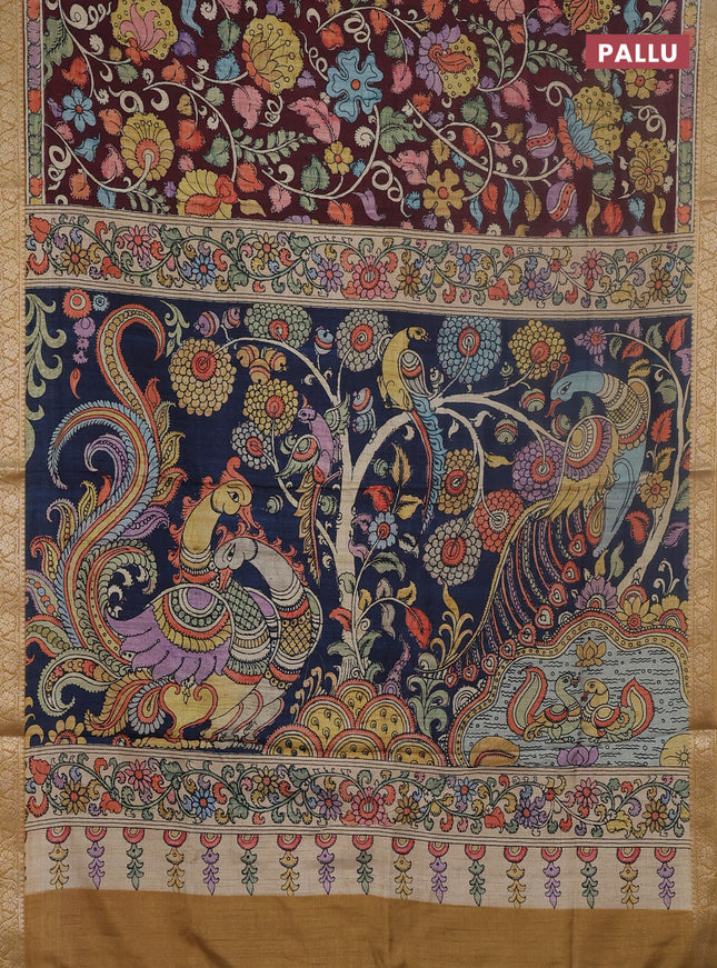 Linen tussar partly saree deep maroon and peacock blue with kalamkari prints and zari woven border