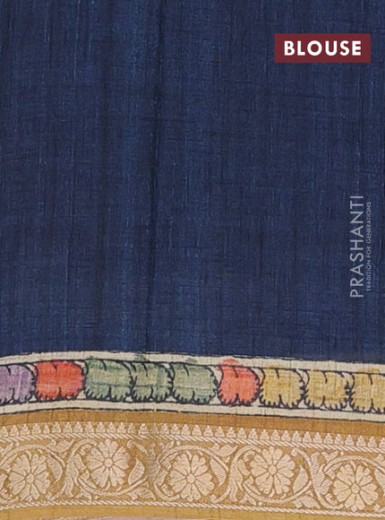 Linen tussar partly saree deep maroon and peacock blue with kalamkari prints and zari woven border