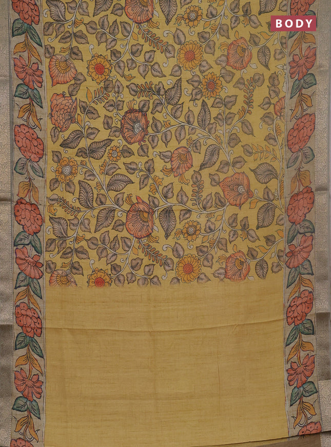 Linen tussar partly saree sandal and beige pastel green with kalamkari prints and zari woven border