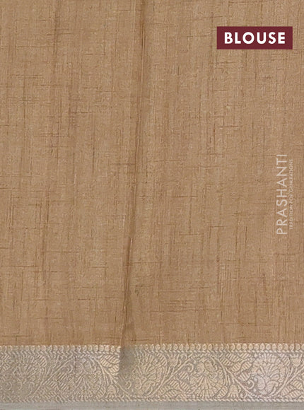 Linen tussar partly saree sandal and beige pastel green with kalamkari prints and zari woven border