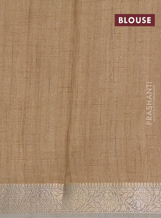 Linen tussar partly saree sandal and beige pastel green with kalamkari prints and zari woven border