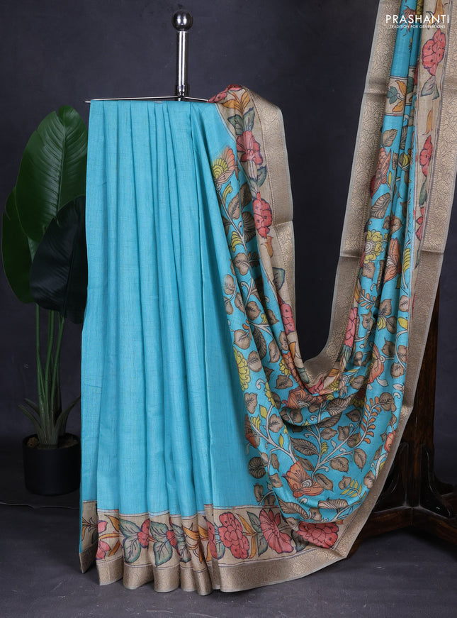 Linen tussar partly saree teal blue and pista green pastel green with kalamkari prints and zari woven border