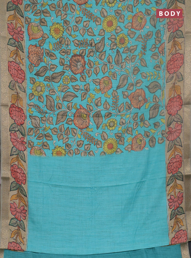 Linen tussar partly saree teal blue and pista green pastel green with kalamkari prints and zari woven border