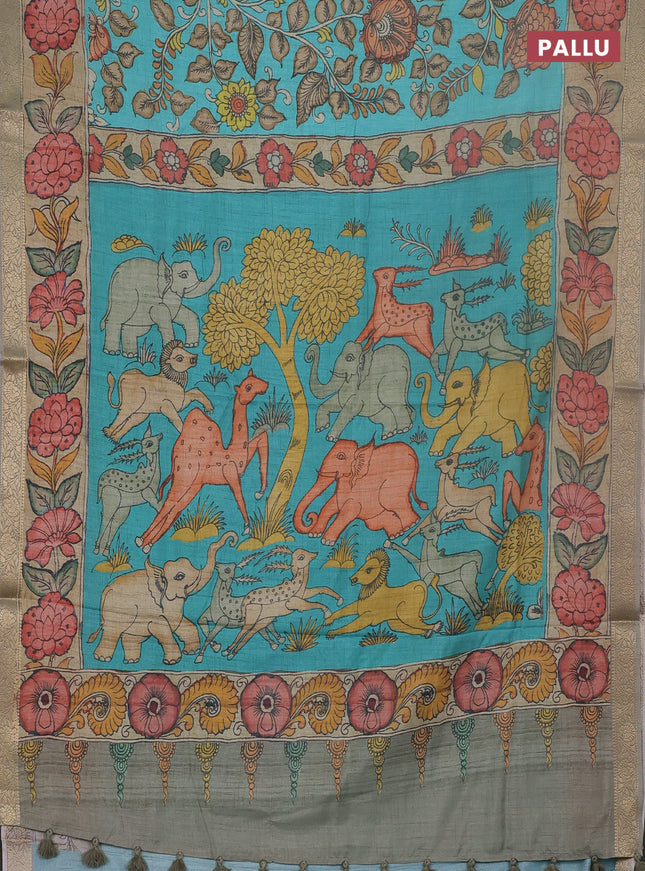 Linen tussar partly saree teal blue and pista green pastel green with kalamkari prints and zari woven border