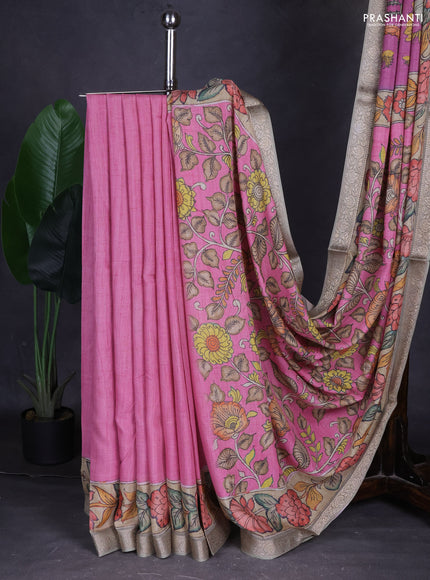 Linen tussar partly saree pink and beige pastel green with kalamkari prints and zari woven border
