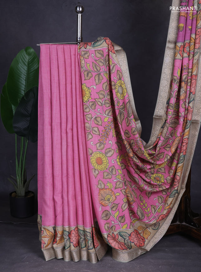 Linen tussar partly saree pink and beige pastel green with kalamkari prints and zari woven border