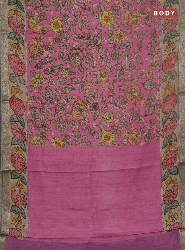 Linen tussar partly saree pink and beige pastel green with kalamkari prints and zari woven border