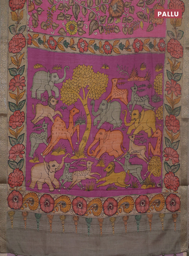 Linen tussar partly saree pink and beige pastel green with kalamkari prints and zari woven border