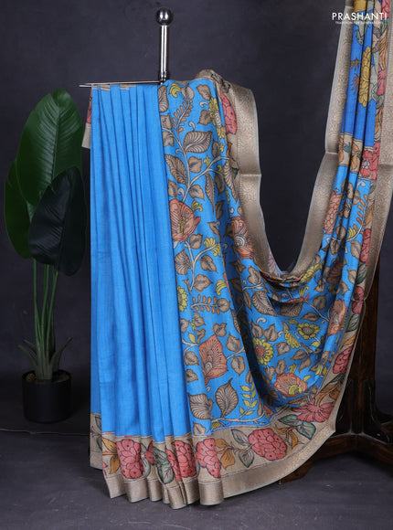 Linen tussar partly saree blue and pastel green with kalamkari prints and zari woven border