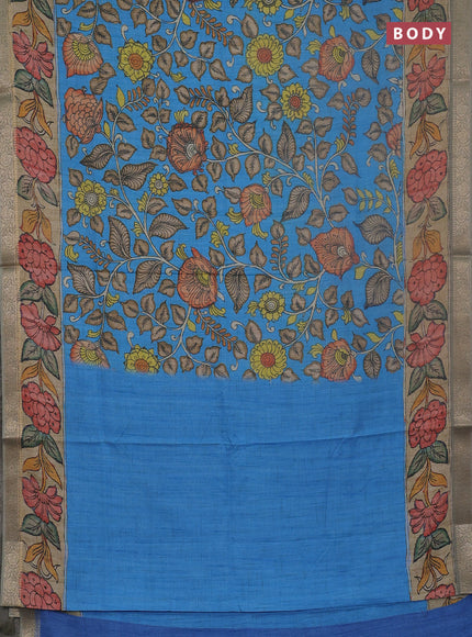 Linen tussar partly saree blue and pastel green with kalamkari prints and zari woven border