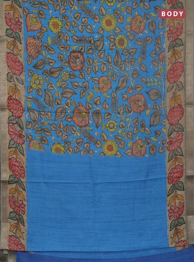 Linen tussar partly saree blue and pastel green with kalamkari prints and zari woven border