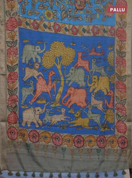Linen tussar partly saree blue and pastel green with kalamkari prints and zari woven border