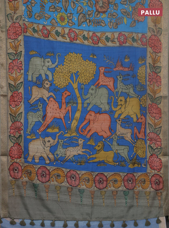 Linen tussar partly saree blue and pastel green with kalamkari prints and zari woven border